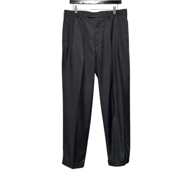🍀2/$22 Axist 34x32 Pleated Front Pinstriped Cuffed Hem Black Dress Pants Mens - Picture 1 of 12